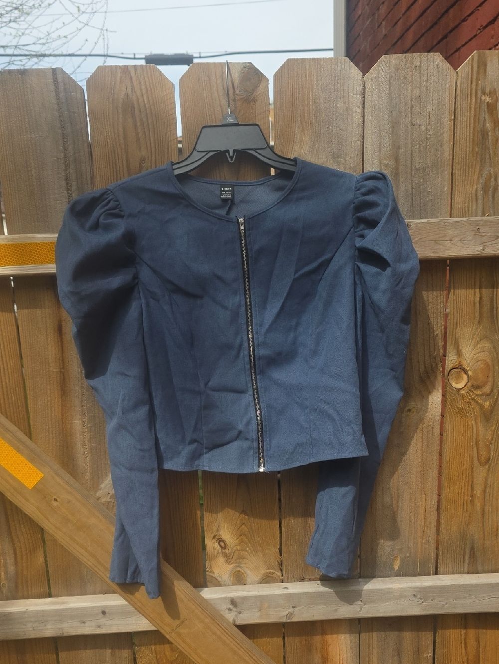 Navy Puff-Sleeve Zip Front Jacket
